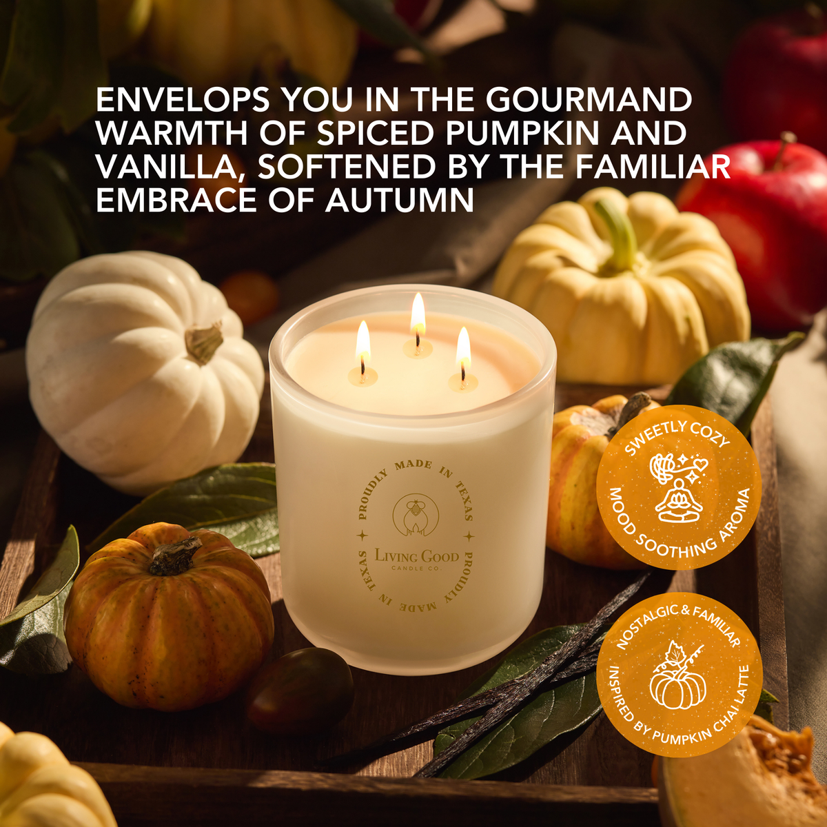 Toasty Pumpkin Brulee beeswax candle surrounded by pumpkins with a warm spiced pumpkin and vanilla fall scent.