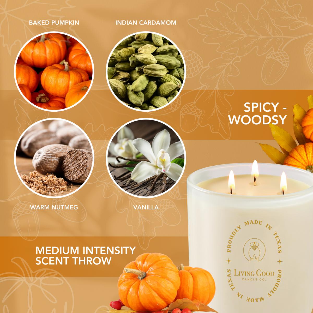 Toasty Pumpkin Brulee candle scent notes featuring baked pumpkin, Indian cardamom, warm nutmeg, and vanilla with medium scent throw.
