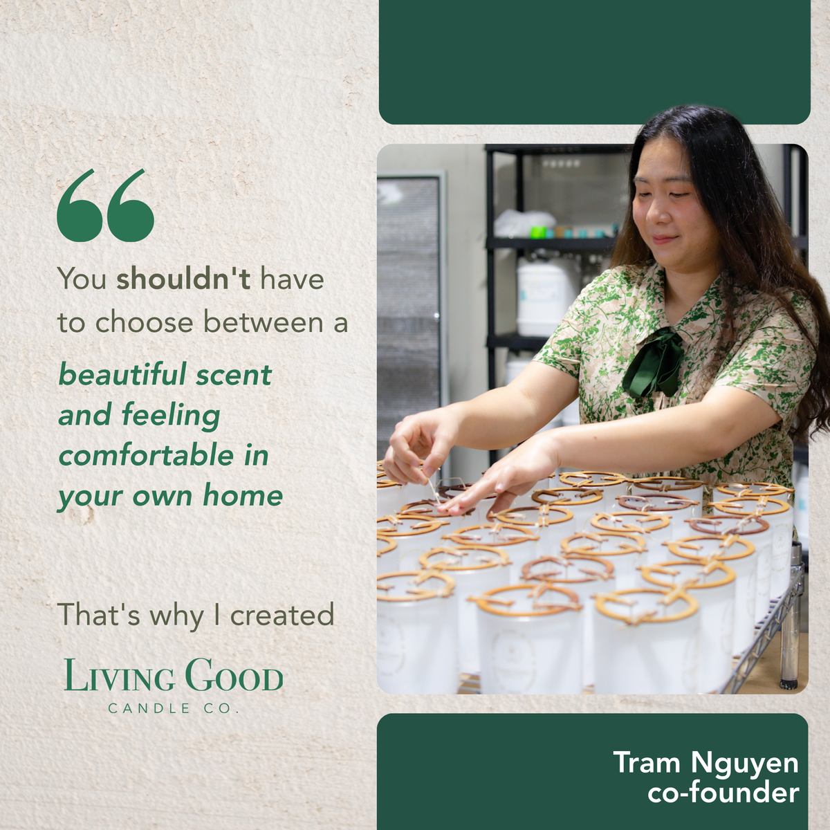 Tram Nguyen, co-founder of Living Good Candle Co., setting wicks by hand on rows of 15oz candle jars in the warehouse