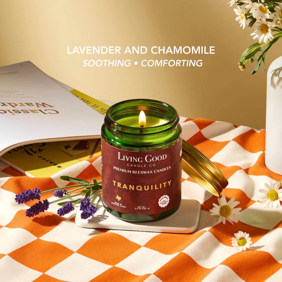 Tranquility beeswax candle with lavender and chamomile displayed on a checkered tablecloth