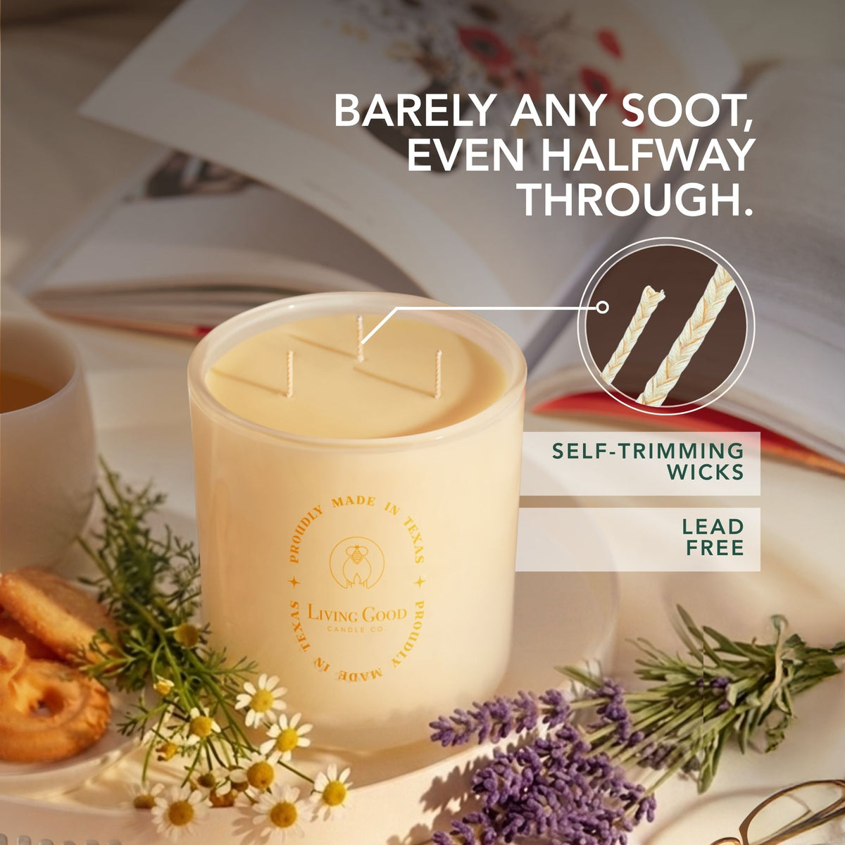 Tranquility beeswax candle with three wicks, surrounded by lavender and chamomile, highlighting self-trimming wicks